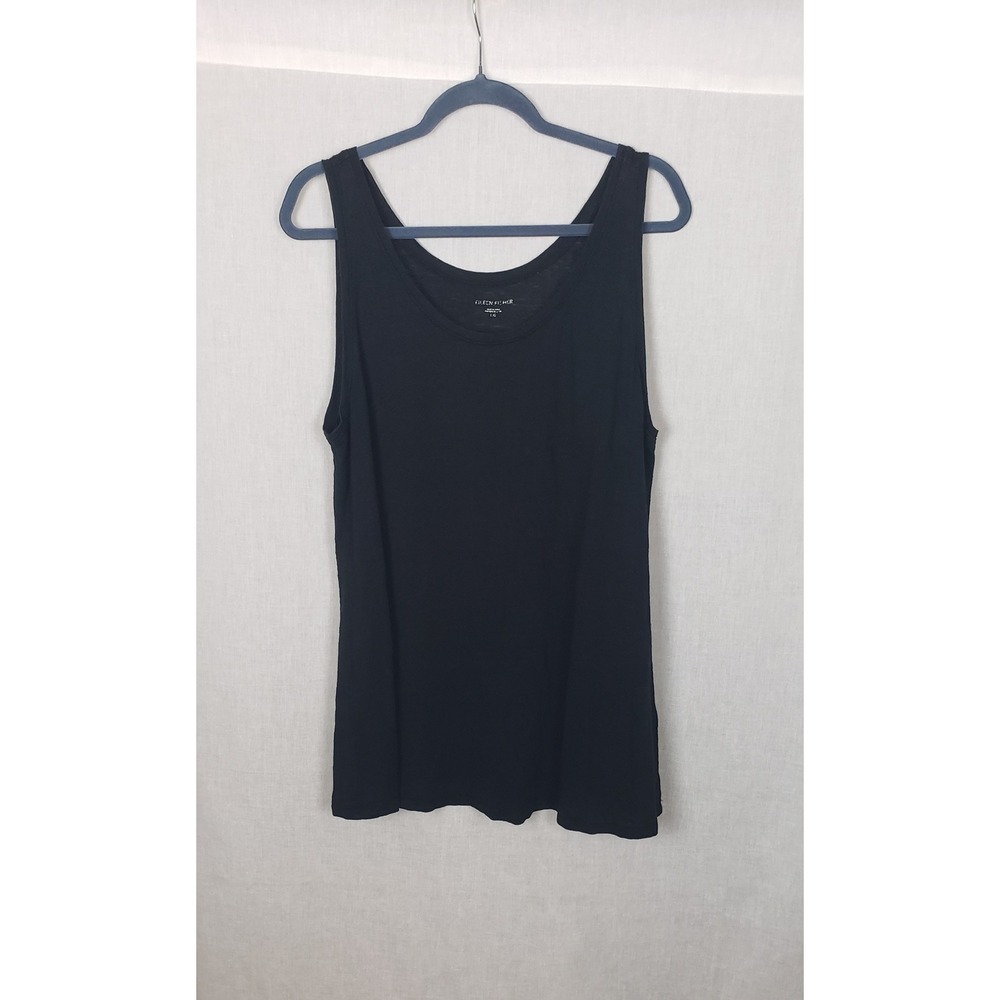 Eileen Fisher Black 100% Organic Linen Slub Tank Top L Sustainable Casual Chic